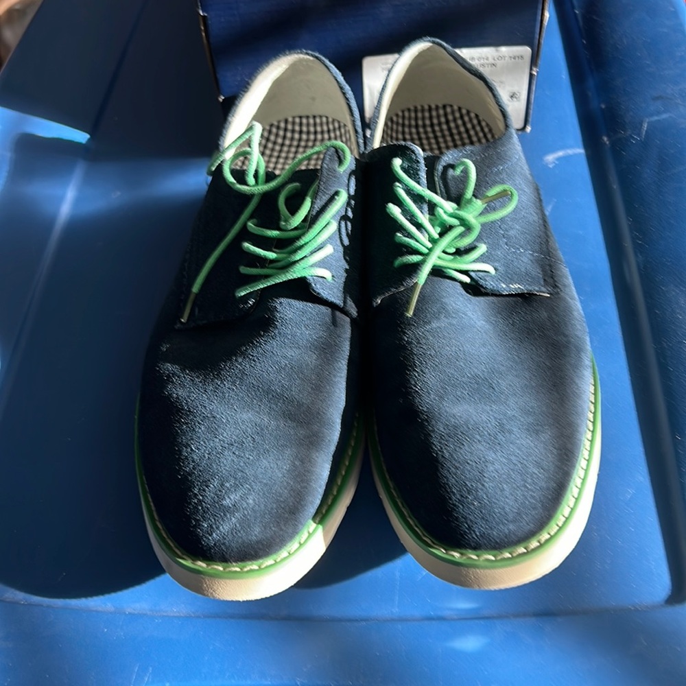 Men’s Stafford St Austin Blue Suede Dress shoe w/ green laces